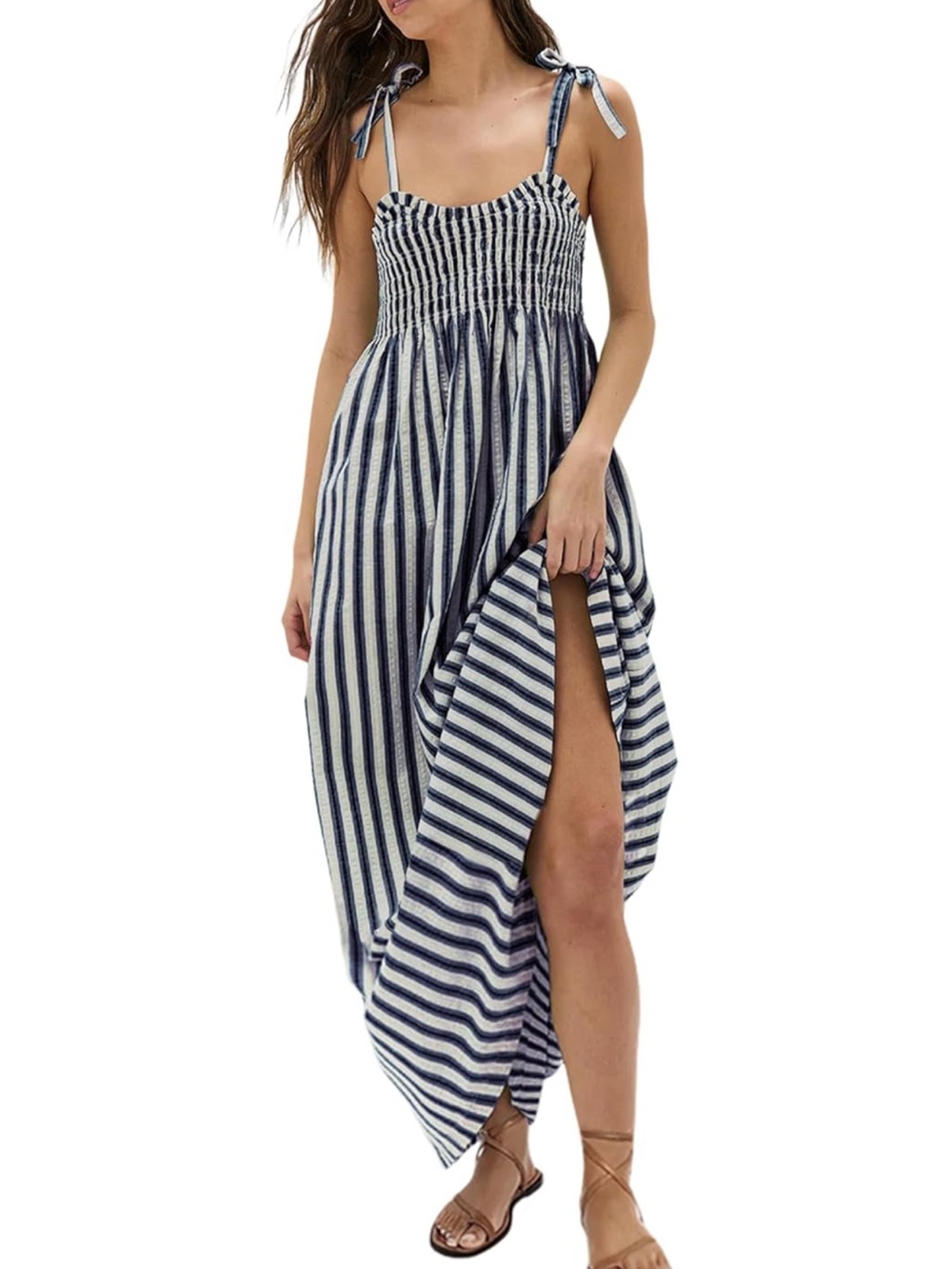 Striped Navy and White Tie-Shoulder Maxi Dress